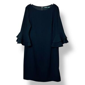 Lauren Ralph Lauren Bell Sleeve Shift Dress 12 solid black minimalist LBD career
